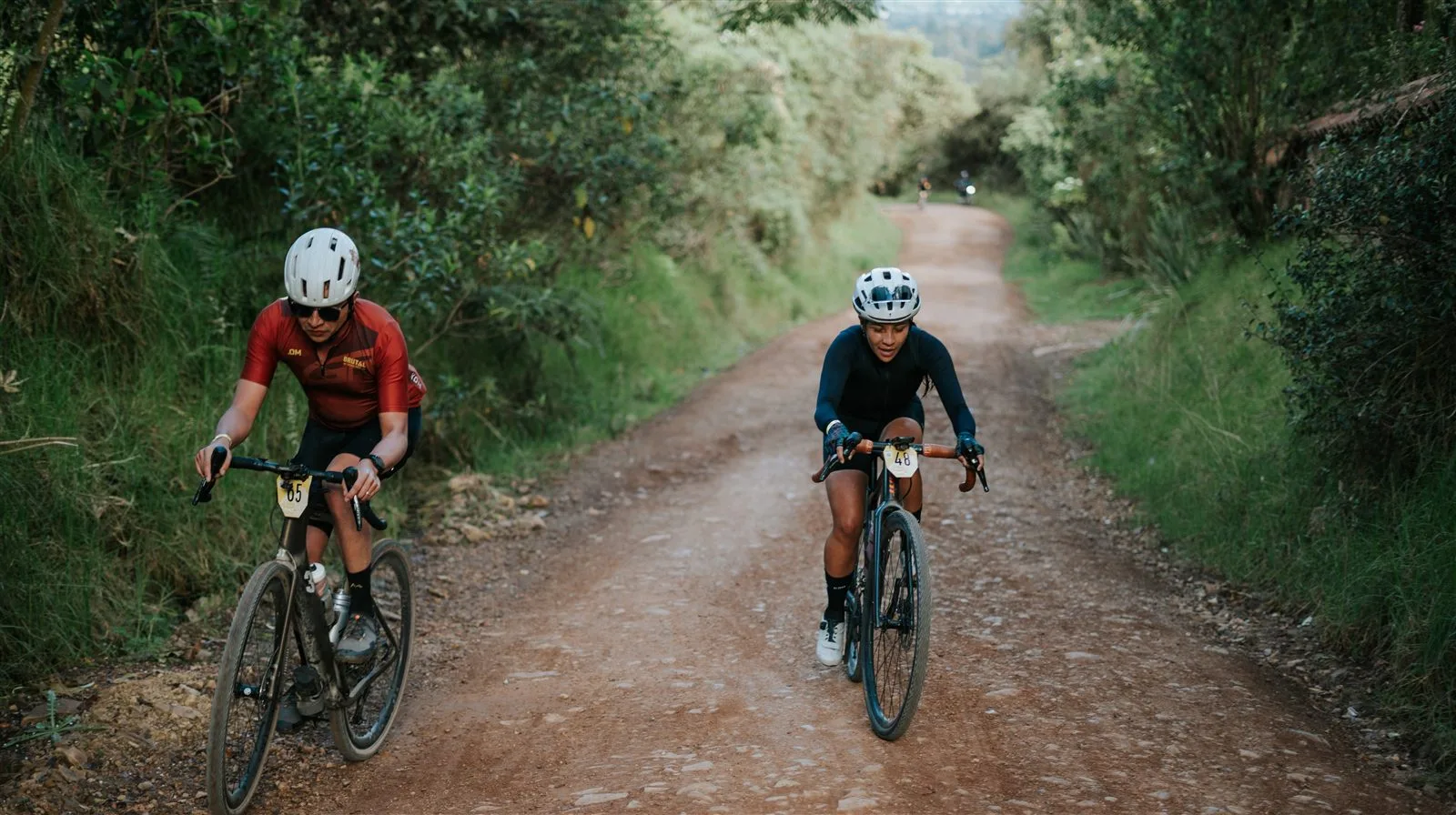 Pareja de ciclistas rodando en gravel entre árboles, Rural Gravel Tour