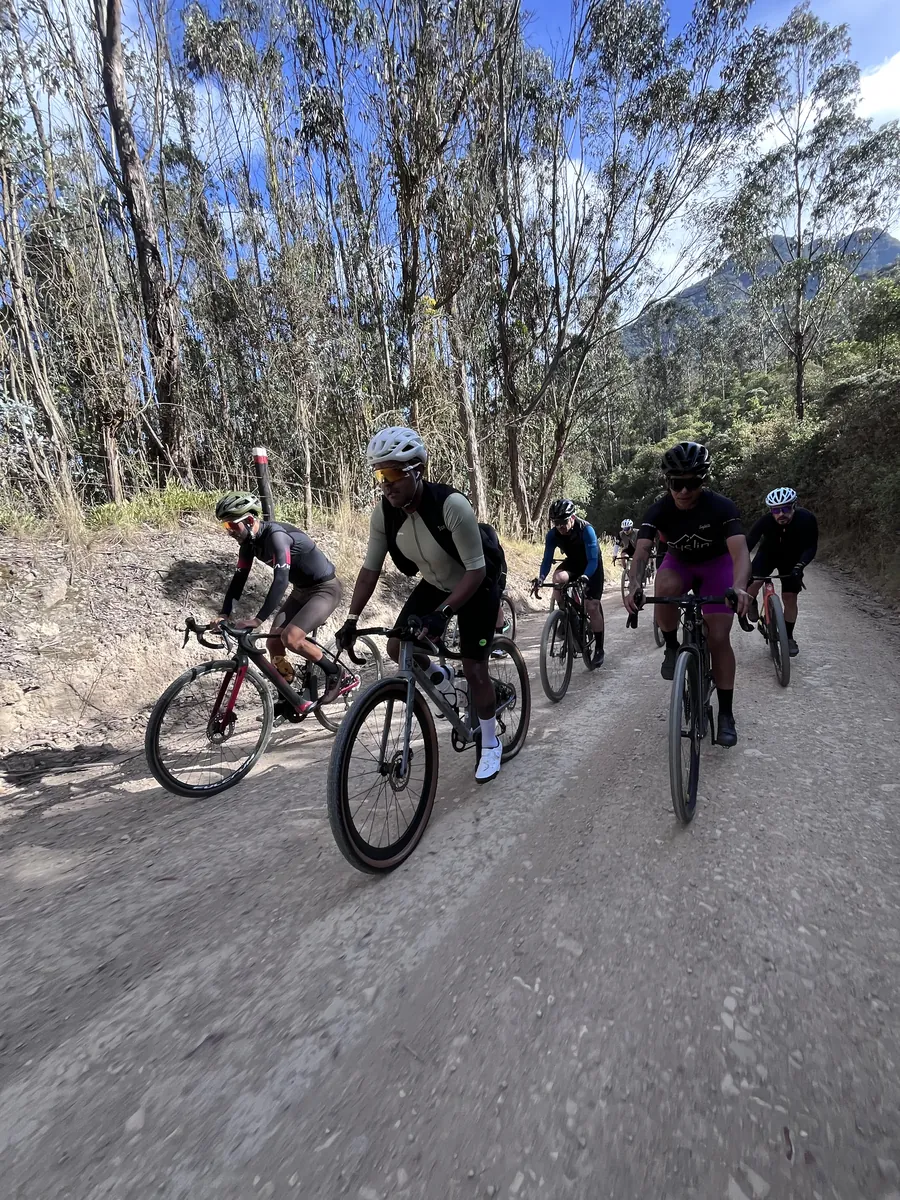 Pelotón de ciclistas de gravel rodando por un camino entre eucaliptos en el Pantano de Martus